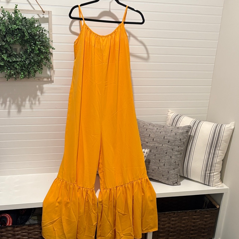 SHEIN Mustard Yellow Ruffle Hem Jumpsuit